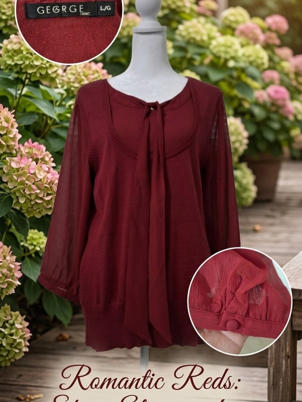 George Women's Red Tie-Neck Knit Top with Sheer 3/4 Sleeves - Size Large (L/G)